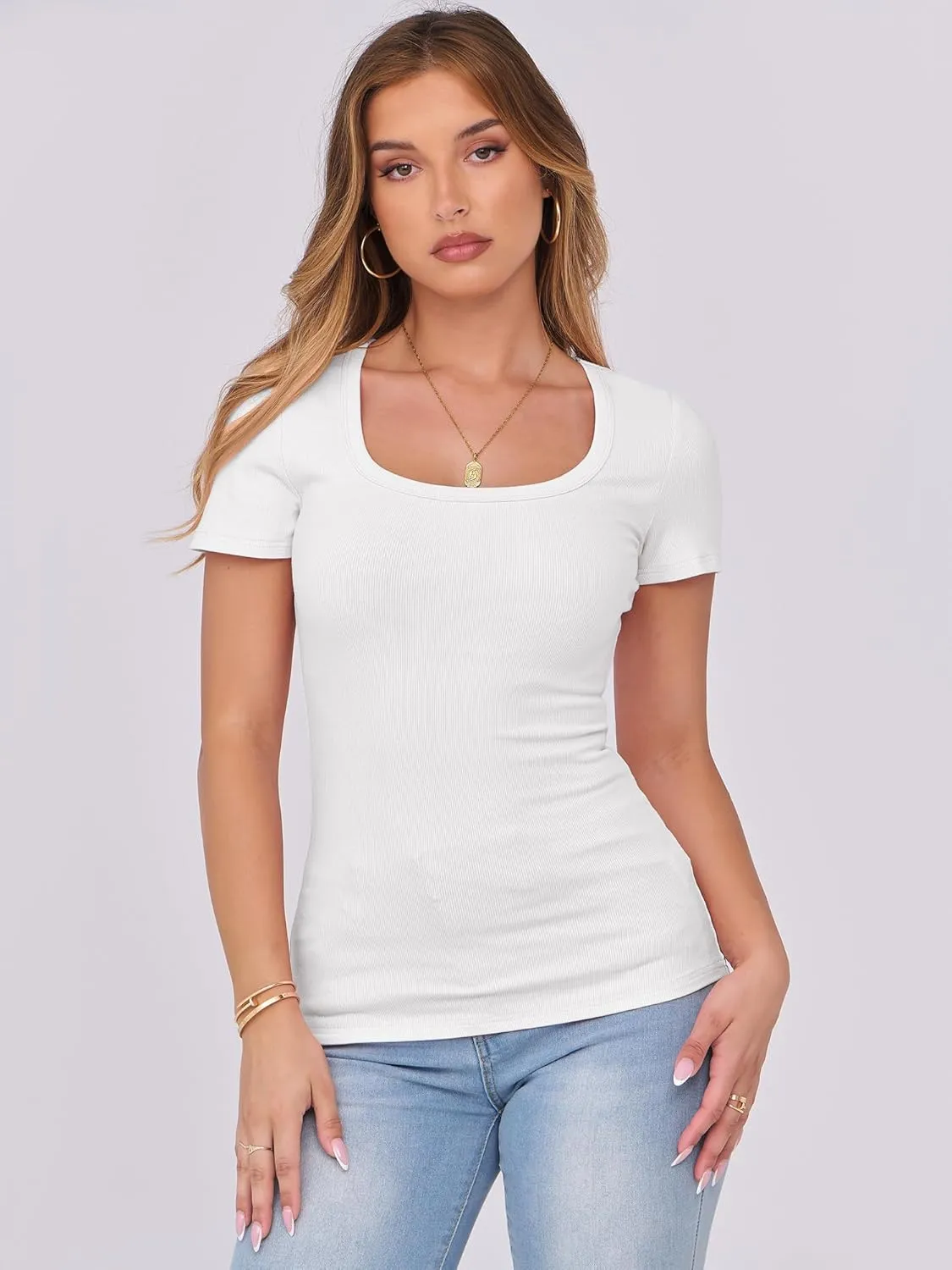 ANRABESS Women Short Sleeve Tops Scoop Neck Ribbed Knit Slim Fitted Basic Tee Shirts 2025 Casual Summer Trendy Clothes