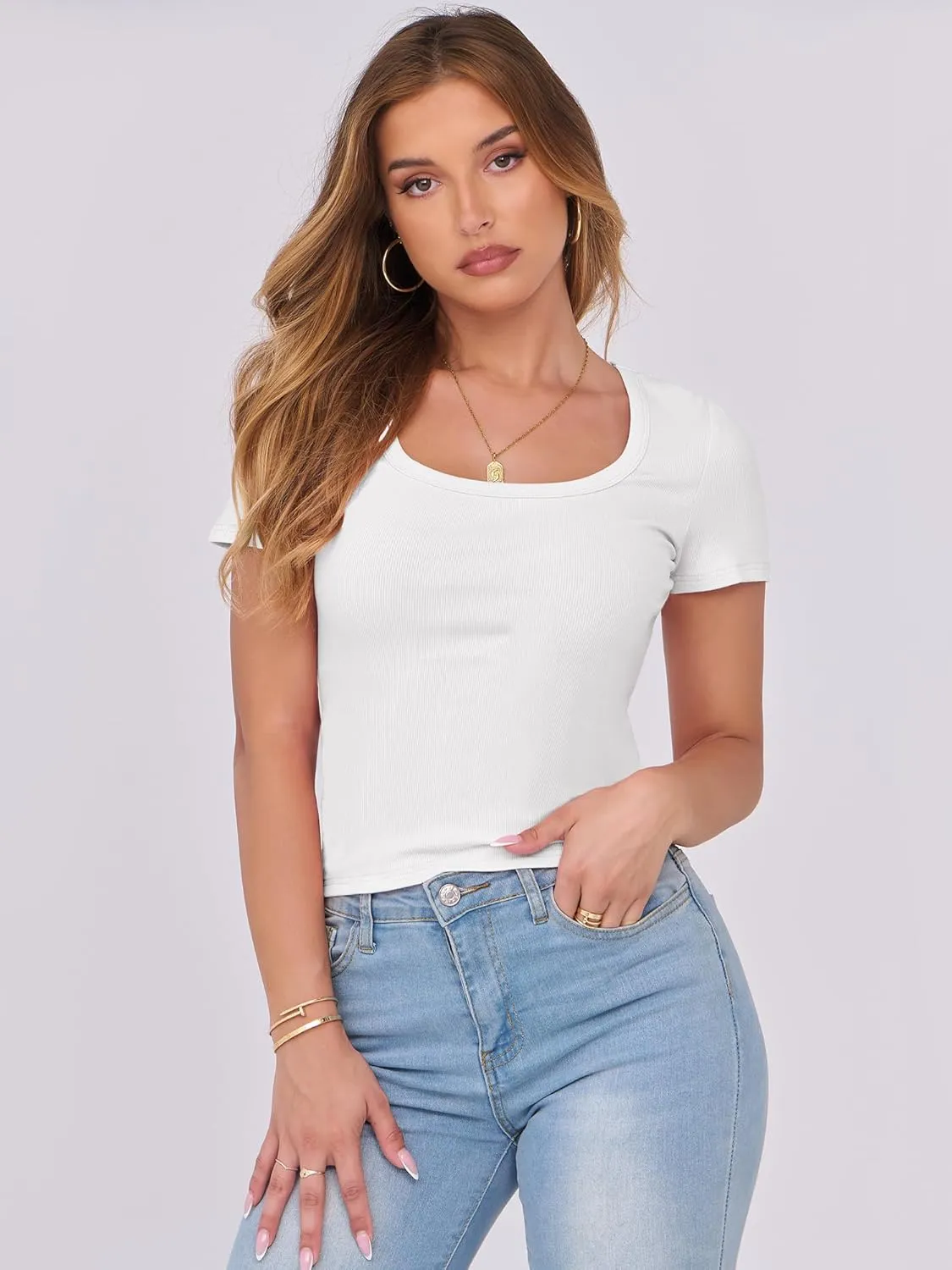 ANRABESS Women Short Sleeve Tops Scoop Neck Ribbed Knit Slim Fitted Basic Tee Shirts 2025 Casual Summer Trendy Clothes