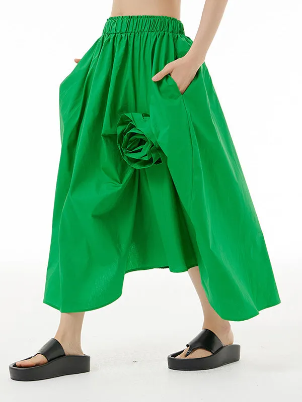 Asymmetric Elasticity Solid Color Three-Dimensional Flower Loose Skirts Bottoms