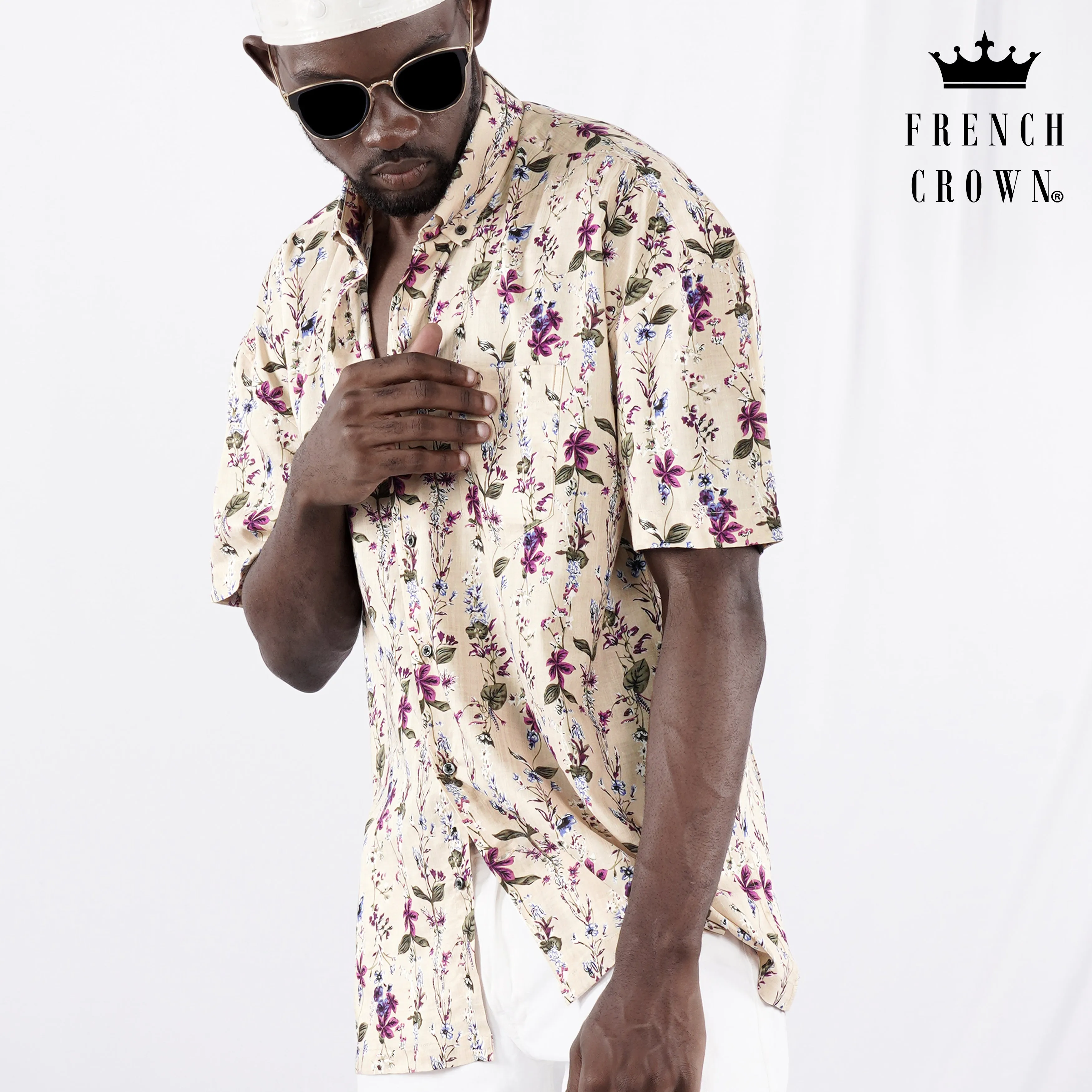 Bone Beige Multicolour Ditsy Printed Lightweight Premium Cotton Oversized Shirt