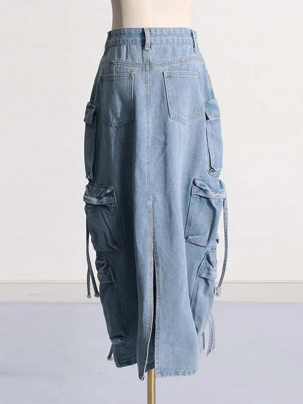 Buckle Split-back Split-Joint Streamer Zipper High Waisted Loose Skirts