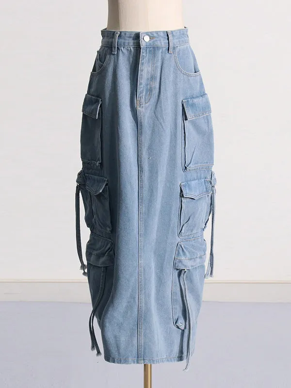Buckle Split-back Split-Joint Streamer Zipper High Waisted Loose Skirts