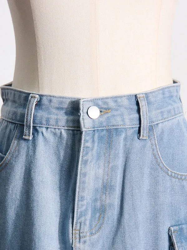 Buckle Split-back Split-Joint Streamer Zipper High Waisted Loose Skirts