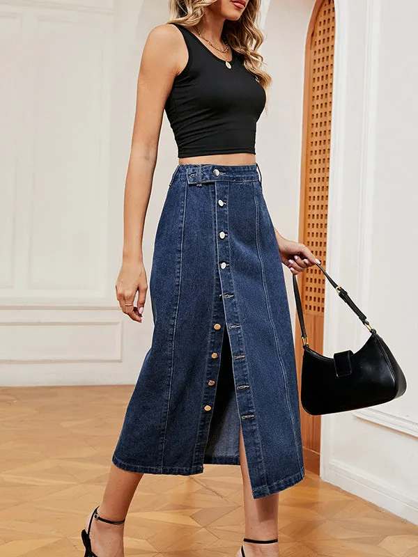 Buttoned Pockets Split-Front Loose Denim Skirts Bottoms