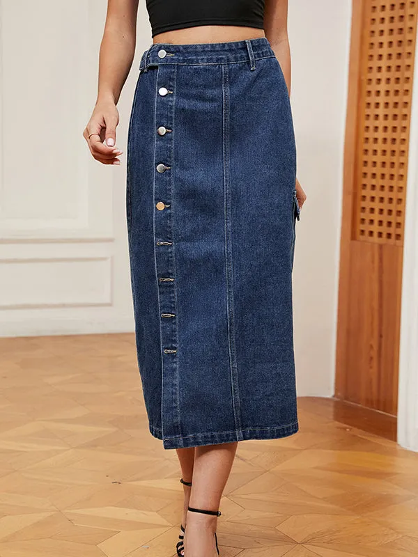 Buttoned Pockets Split-Front Loose Denim Skirts Bottoms