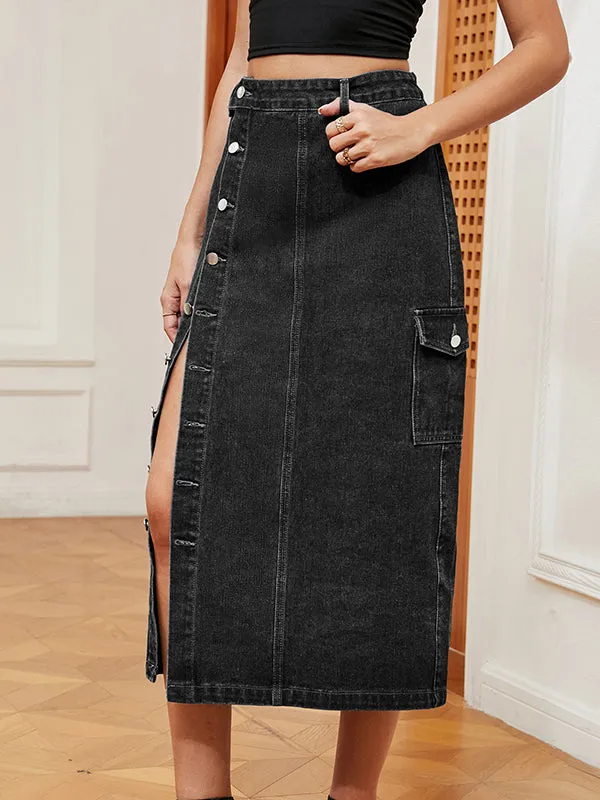 Buttoned Pockets Split-Front Loose Denim Skirts Bottoms