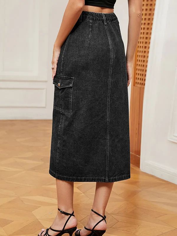 Buttoned Pockets Split-Front Loose Denim Skirts Bottoms