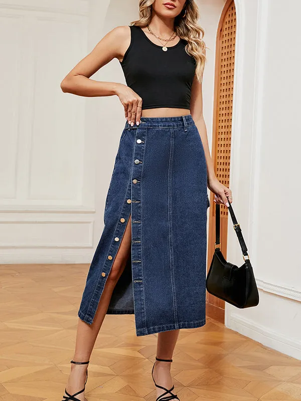 Buttoned Pockets Split-Front Loose Denim Skirts Bottoms