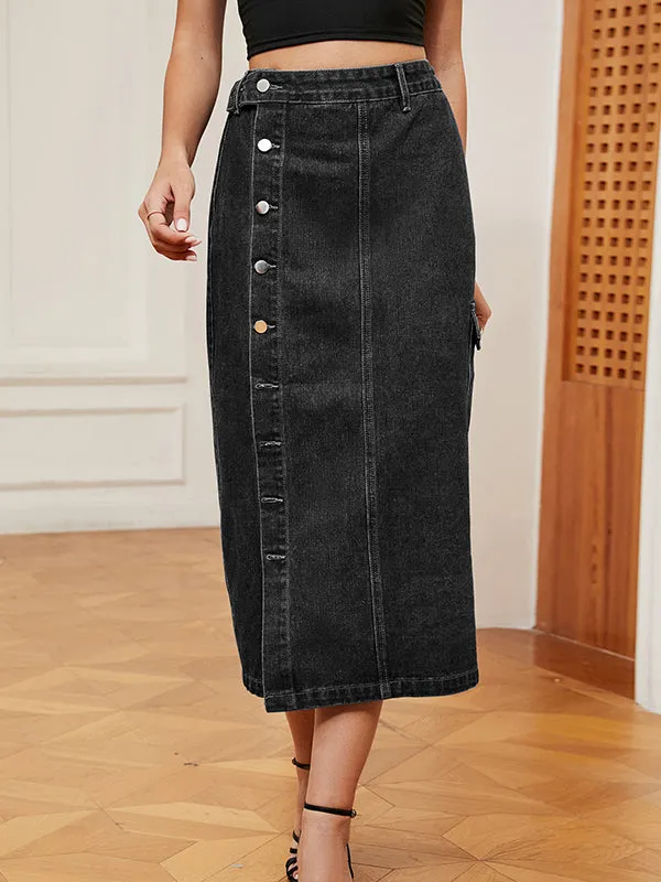 Buttoned Pockets Split-Front Loose Denim Skirts Bottoms