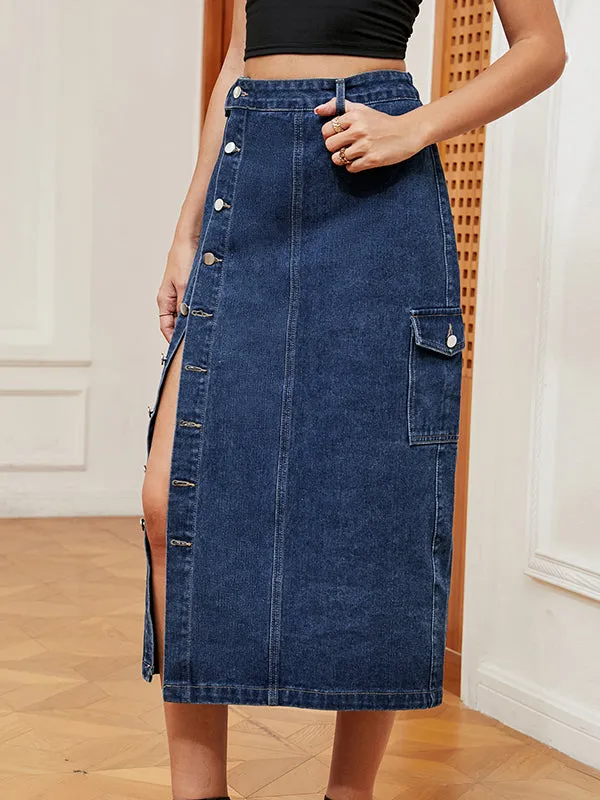 Buttoned Pockets Split-Front Loose Denim Skirts Bottoms