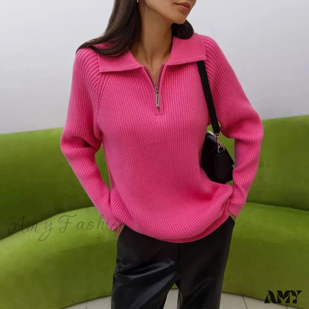 Casual Zipper Long Sleeve Pullover Solid Loose Warm Christmas Sweater