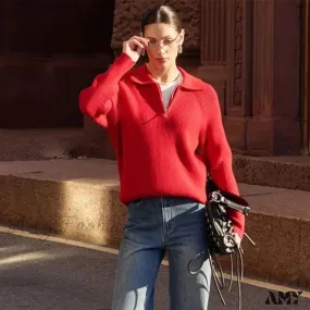 Casual Zipper Long Sleeve Pullover Solid Loose Warm Christmas Sweater