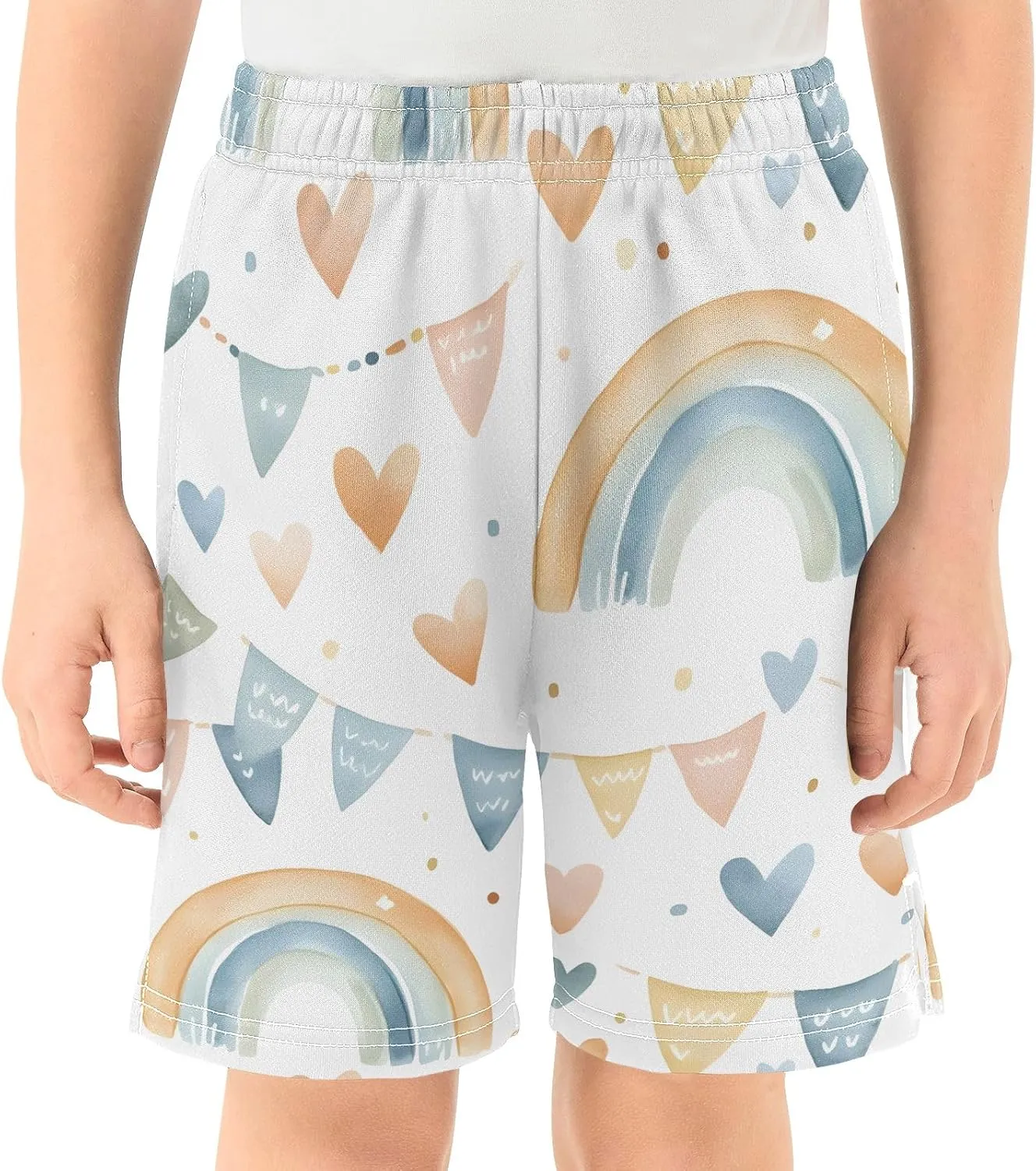 Cute Colorful Rainbows Hearts Boys Summer Casual Shorts Sweat Shorts Elastic Waist with Pockets Outdoor 7-15Y