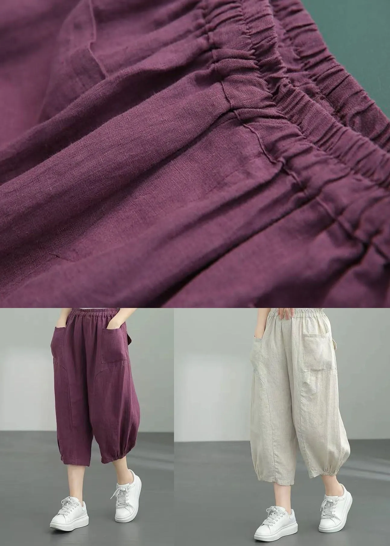 Elegant Beige Pockets Patchwork Linen Lantern Pants Summer LY0594