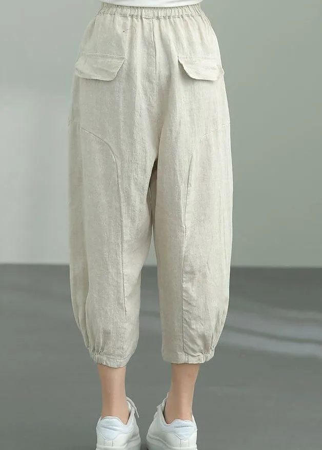 Elegant Beige Pockets Patchwork Linen Lantern Pants Summer LY0594
