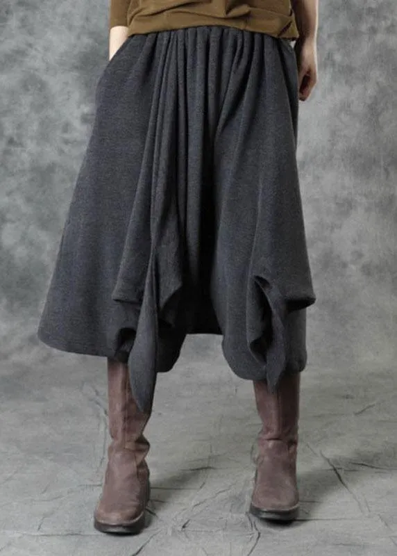 Elegant Black Elastic Waist Asymmetrical Design Fall Pants