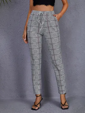 Elegant Plaid Tie Front Natural Long Women Pants