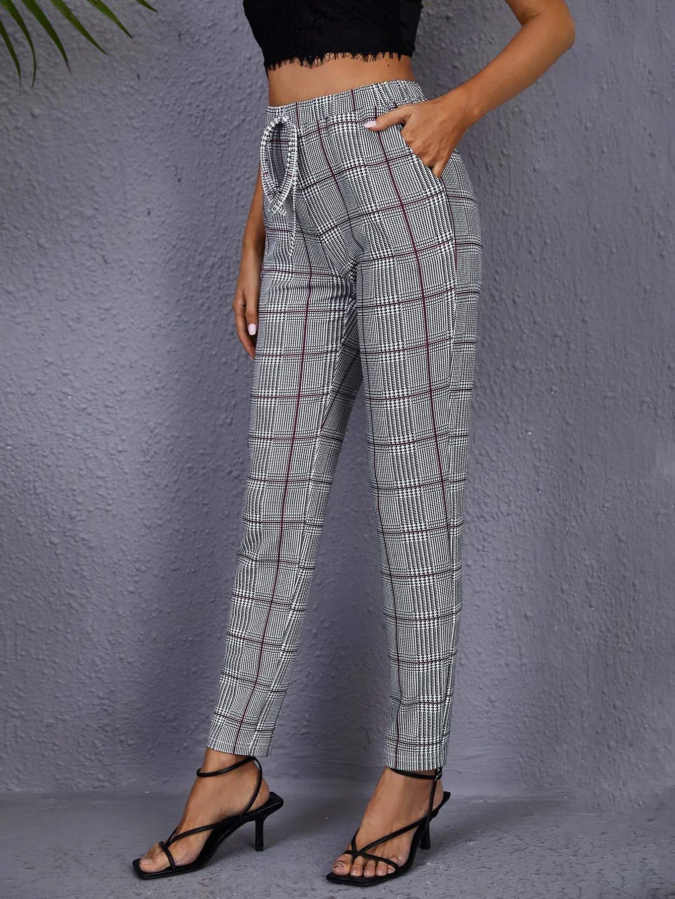 Elegant Plaid Tie Front Natural Long Women Pants