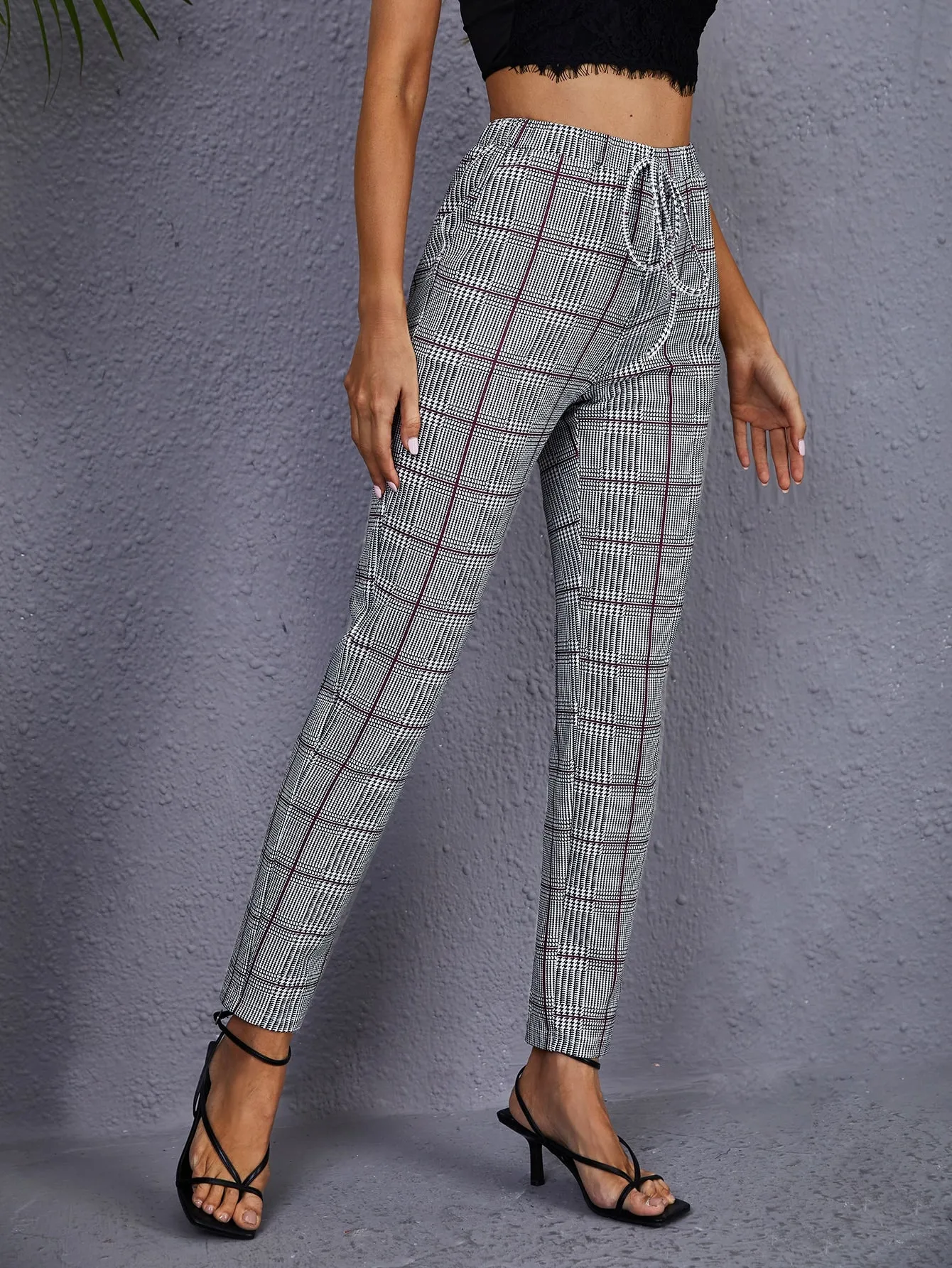 Elegant Plaid Tie Front Natural Long Women Pants