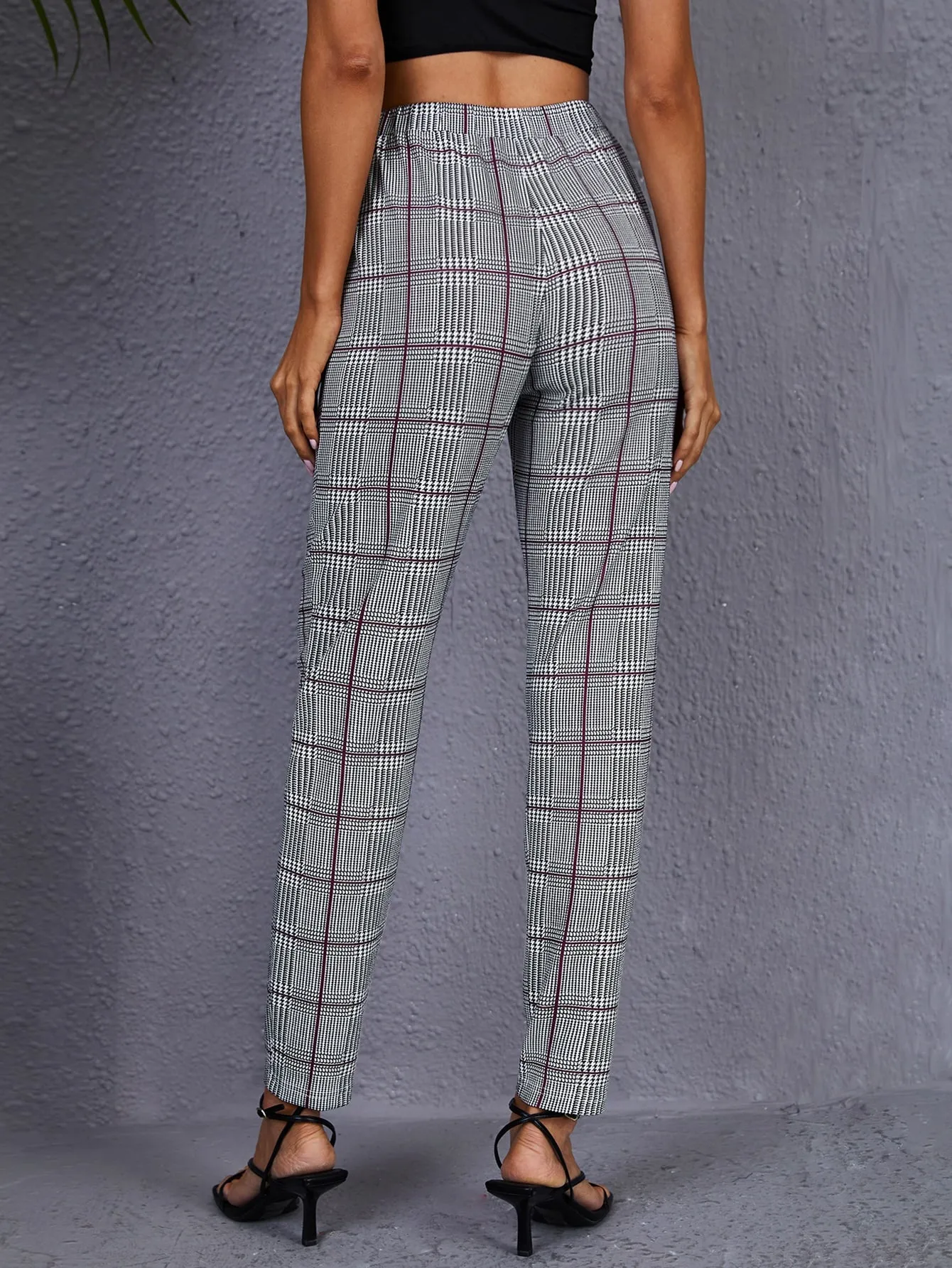 Elegant Plaid Tie Front Natural Long Women Pants