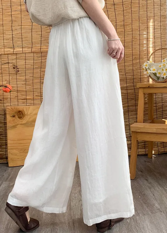 Elegant White Elastic Waist Linen Wide Leg Pants Summer LY4457