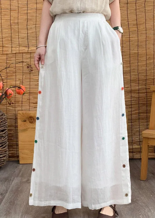 Elegant White Elastic Waist Linen Wide Leg Pants Summer LY4457