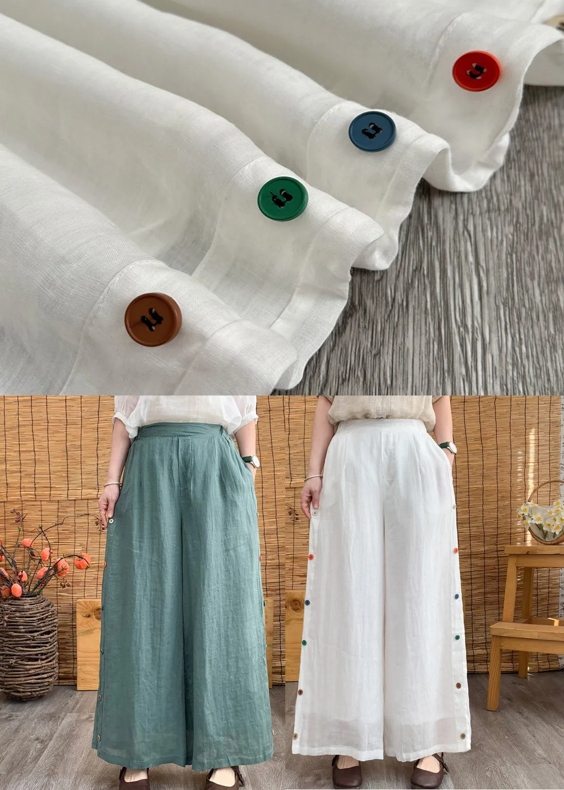 Elegant White Elastic Waist Linen Wide Leg Pants Summer LY4457