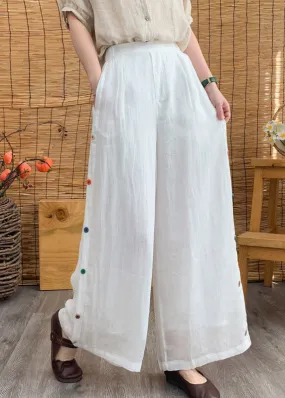 Elegant White Elastic Waist Linen Wide Leg Pants Summer LY4457