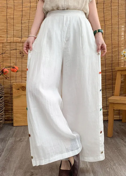 Elegant White Elastic Waist Linen Wide Leg Pants Summer LY4457