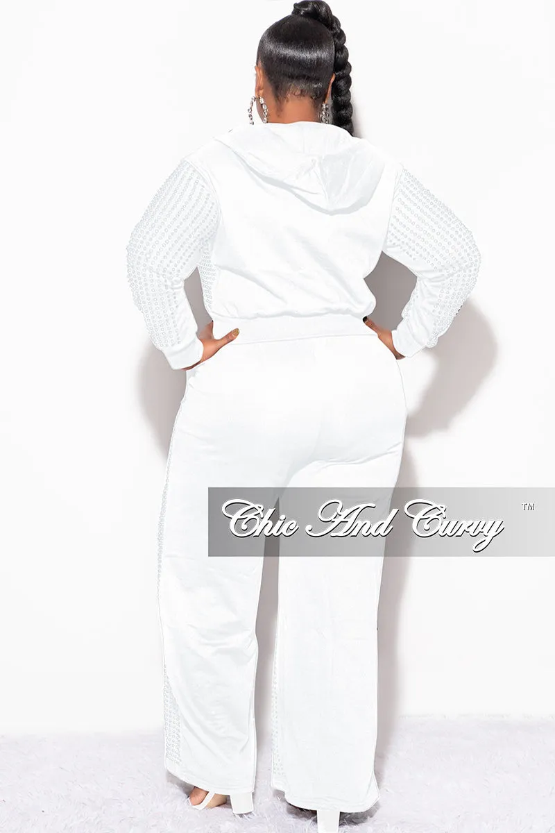 Final Sale Plus Size 2pc Hooded Zip-Up Rhinestone Set in White