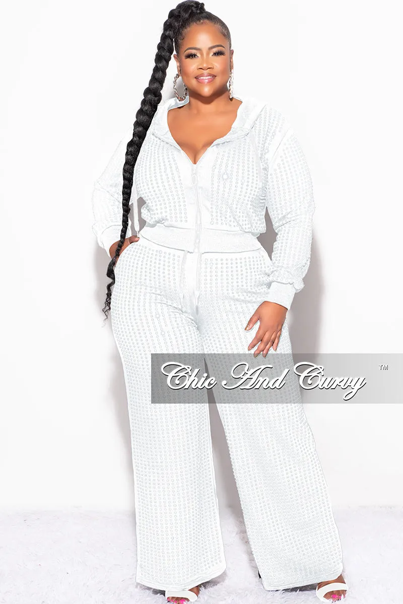 Final Sale Plus Size 2pc Hooded Zip-Up Rhinestone Set in White