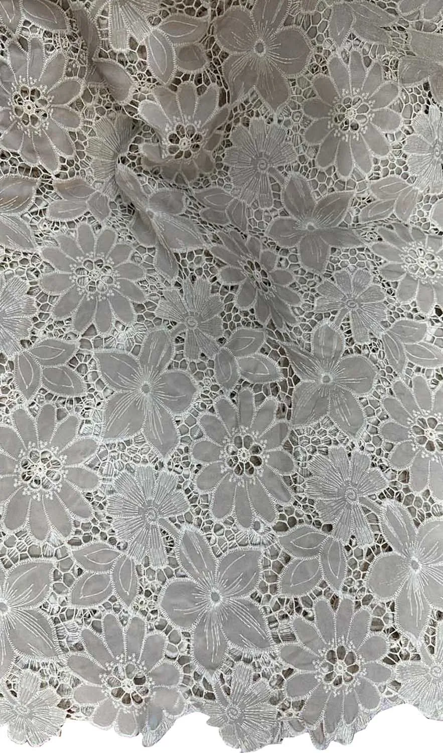 Grey Crochet Cut Work Embroidered Cotton Crepe Fabric