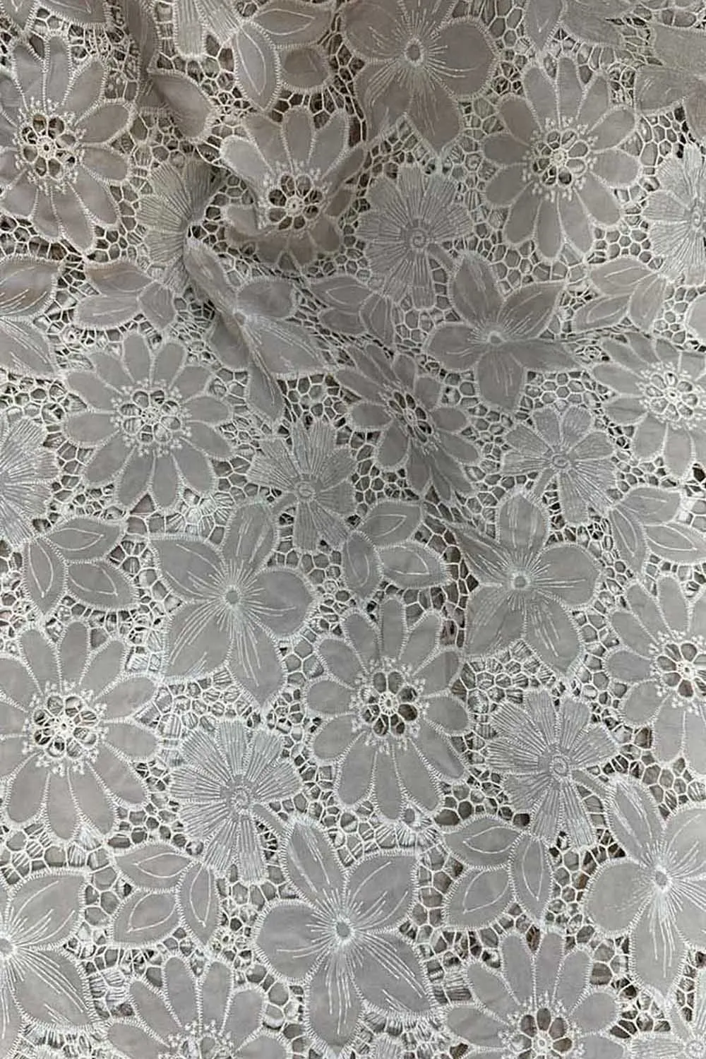 Grey Crochet Cut Work Embroidered Cotton Crepe Fabric