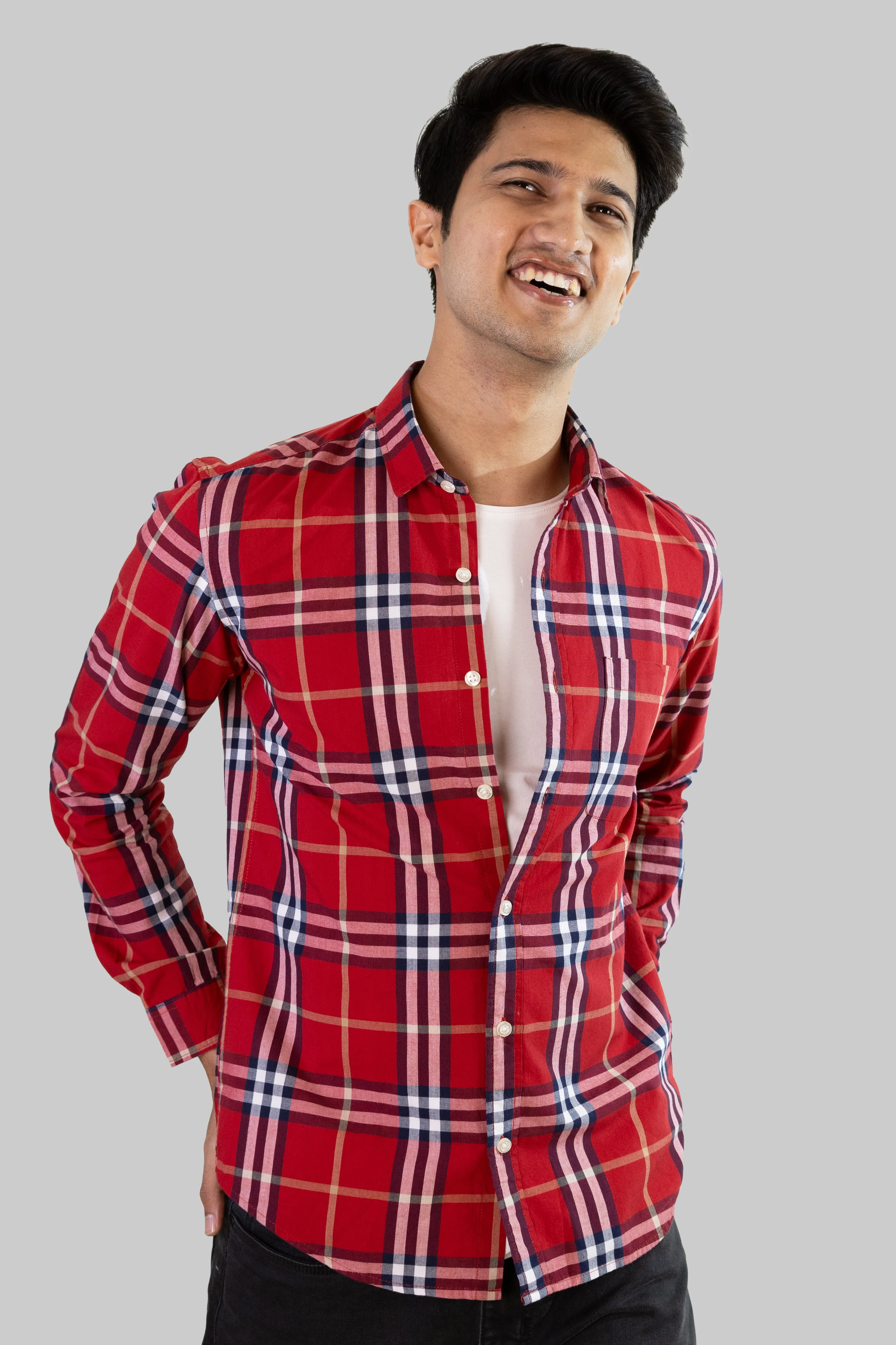 Gridline Checkered Shirt - Bright Red