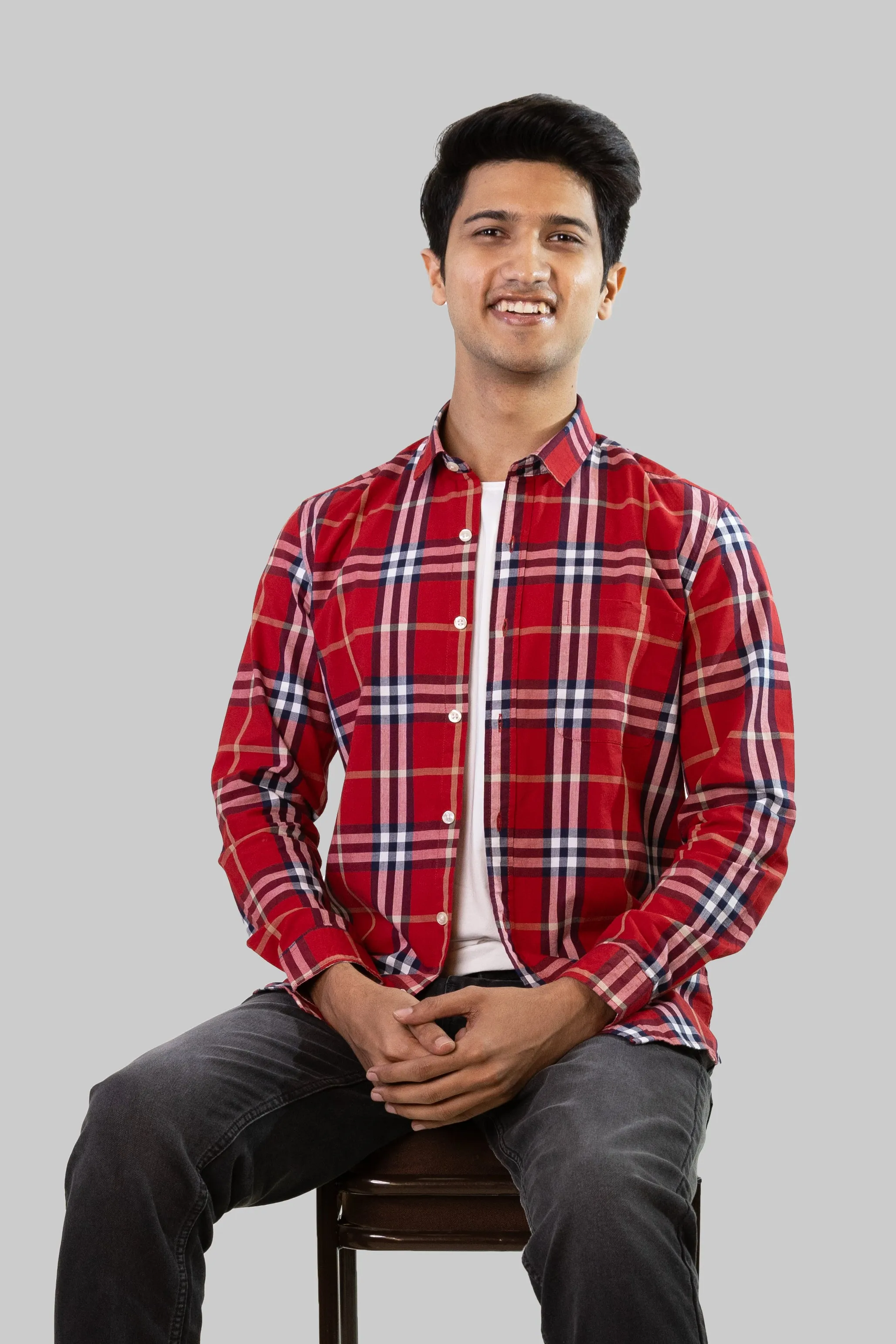 Gridline Checkered Shirt - Bright Red