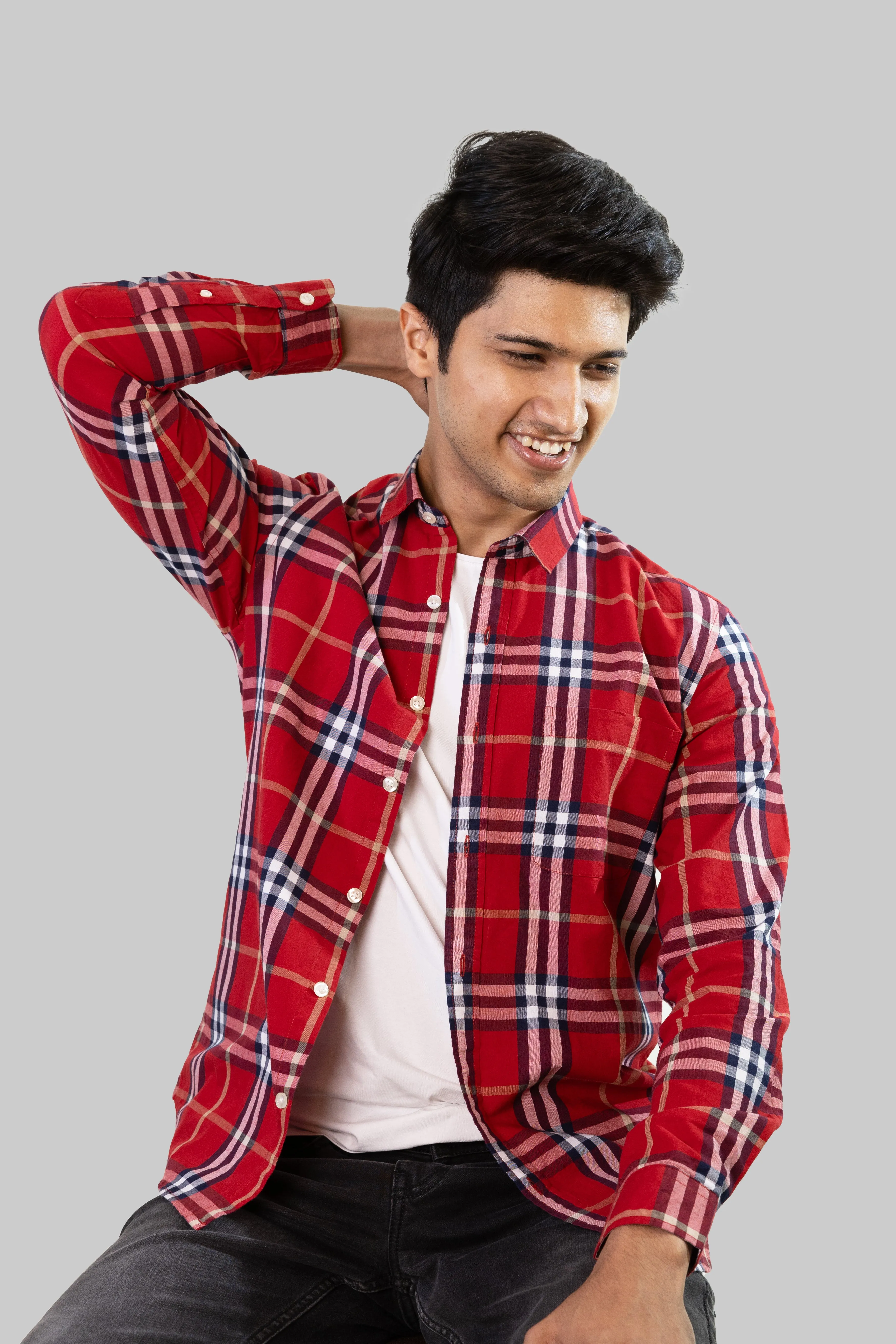 Gridline Checkered Shirt - Bright Red