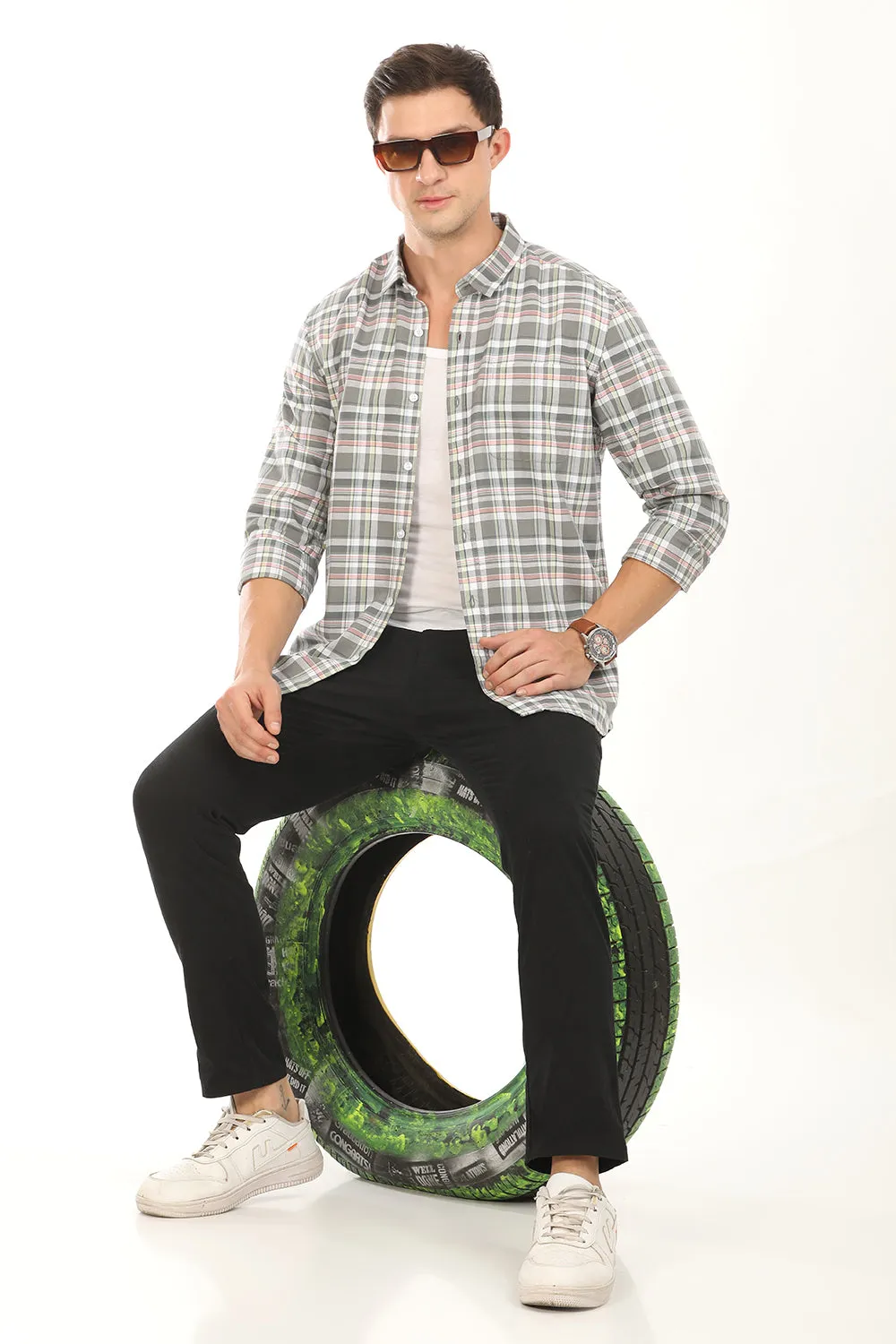 Gridline Checkered Shirt - Olive Green