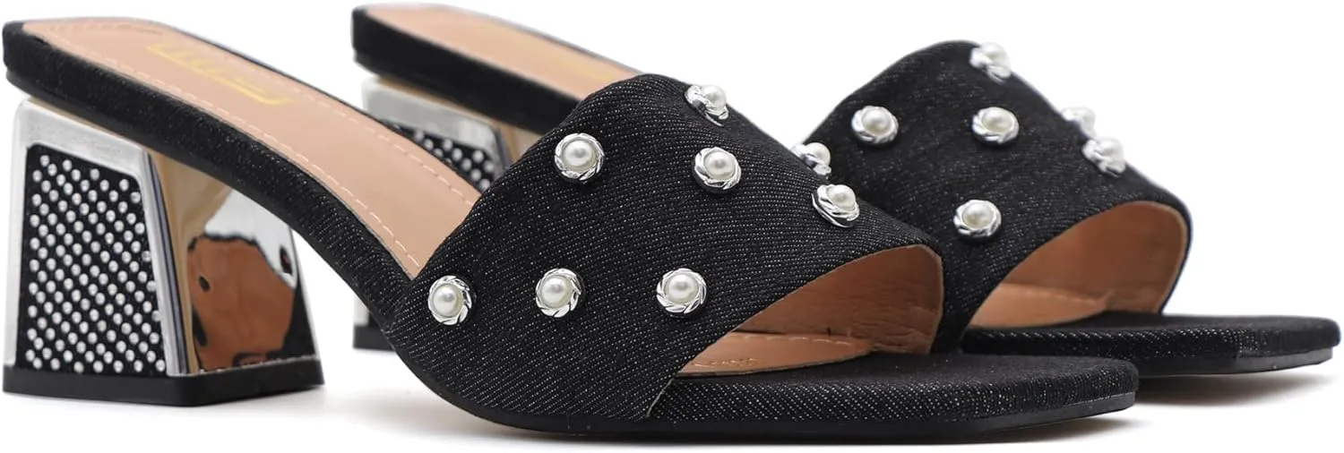 GXNNGEJ Women's Luxury Denim Low Block Heeled Slides Sandals with Pearl Decor Summer Square Open Toe Slip On Rhinestone Chunky Heel Slippers Dinner Party Dress Sandals