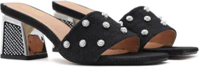 GXNNGEJ Women's Luxury Denim Low Block Heeled Slides Sandals with Pearl Decor Summer Square Open Toe Slip On Rhinestone Chunky Heel Slippers Dinner Party Dress Sandals