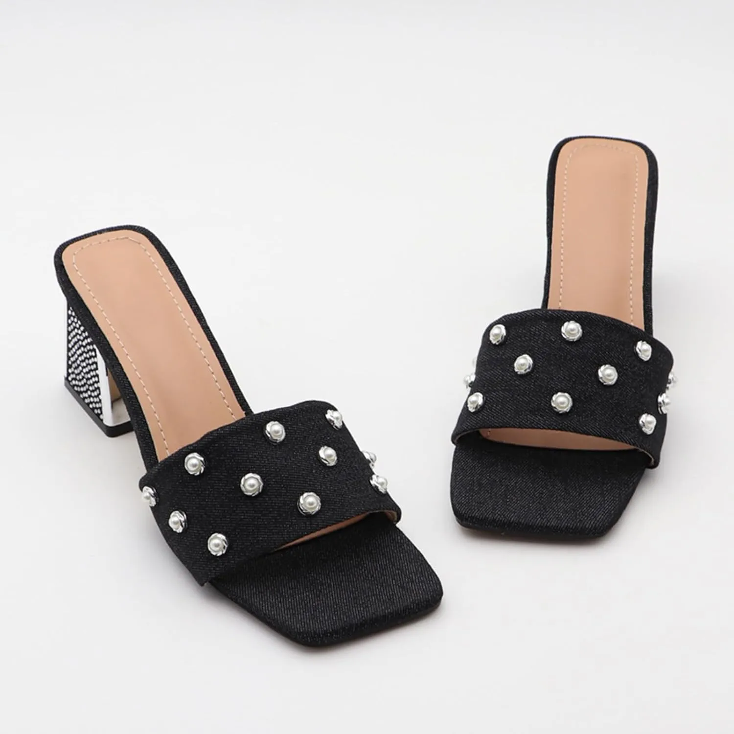 GXNNGEJ Women's Luxury Denim Low Block Heeled Slides Sandals with Pearl Decor Summer Square Open Toe Slip On Rhinestone Chunky Heel Slippers Dinner Party Dress Sandals