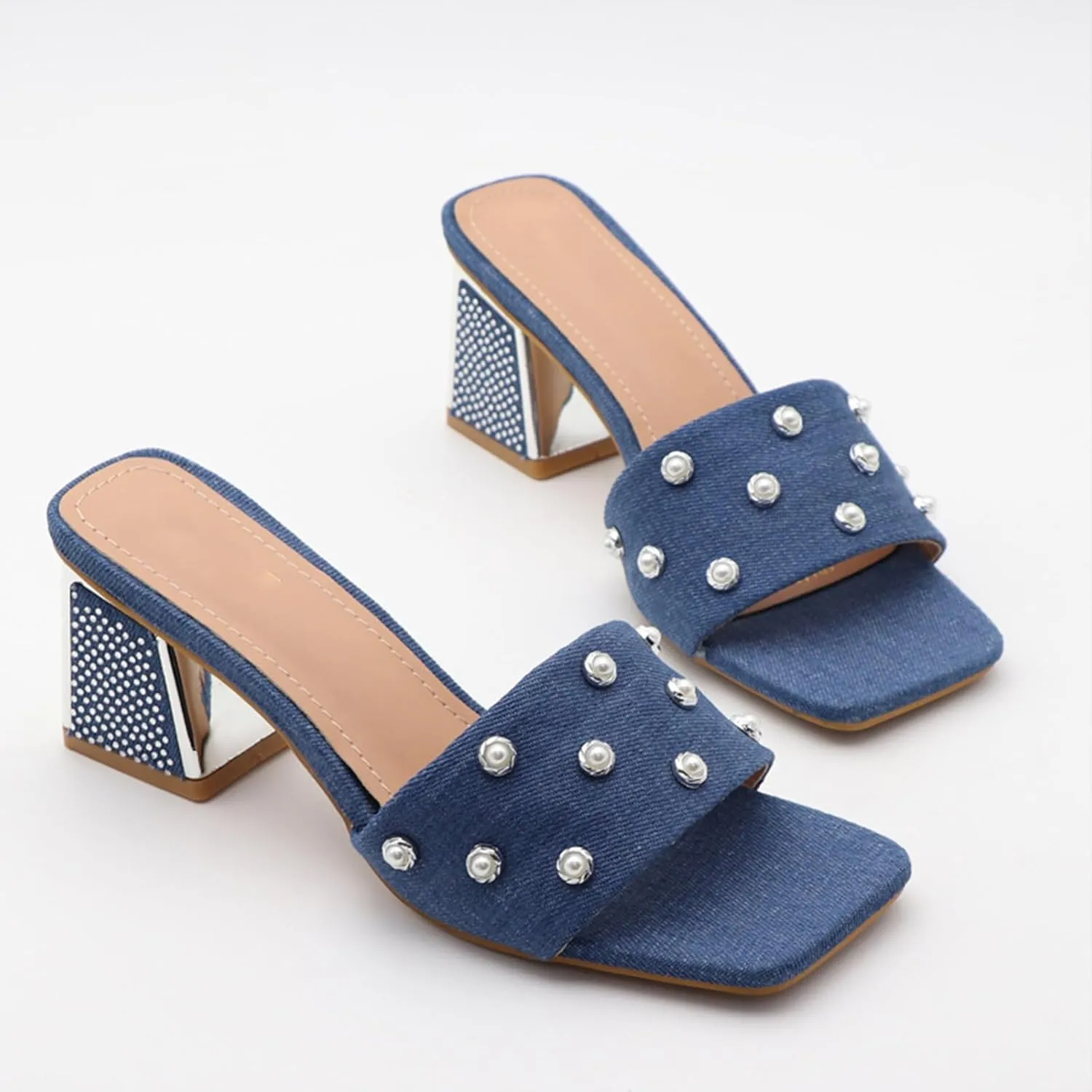 GXNNGEJ Women's Luxury Denim Low Block Heeled Slides Sandals with Pearl Decor Summer Square Open Toe Slip On Rhinestone Chunky Heel Slippers Dinner Party Dress Sandals