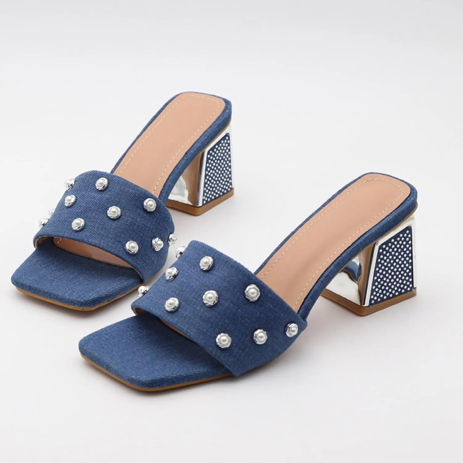 GXNNGEJ Women's Luxury Denim Low Block Heeled Slides Sandals with Pearl Decor Summer Square Open Toe Slip On Rhinestone Chunky Heel Slippers Dinner Party Dress Sandals