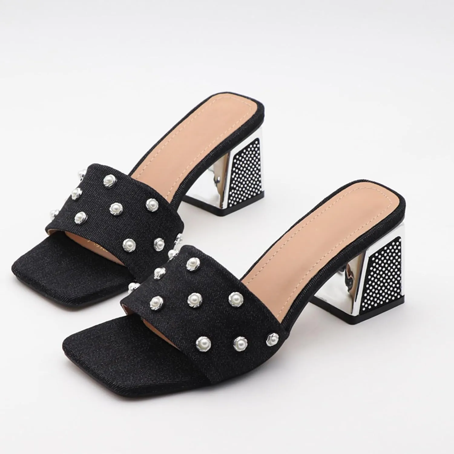 GXNNGEJ Women's Luxury Denim Low Block Heeled Slides Sandals with Pearl Decor Summer Square Open Toe Slip On Rhinestone Chunky Heel Slippers Dinner Party Dress Sandals