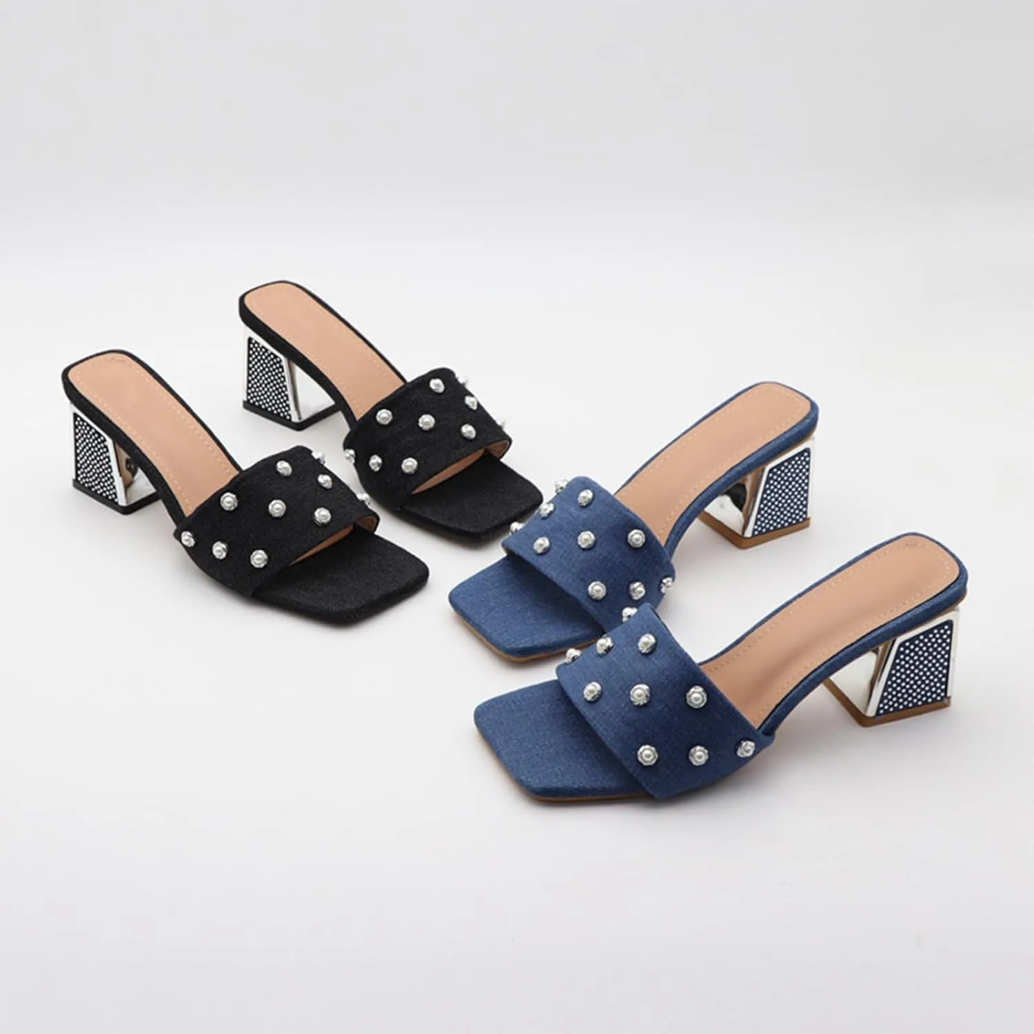 GXNNGEJ Women's Luxury Denim Low Block Heeled Slides Sandals with Pearl Decor Summer Square Open Toe Slip On Rhinestone Chunky Heel Slippers Dinner Party Dress Sandals