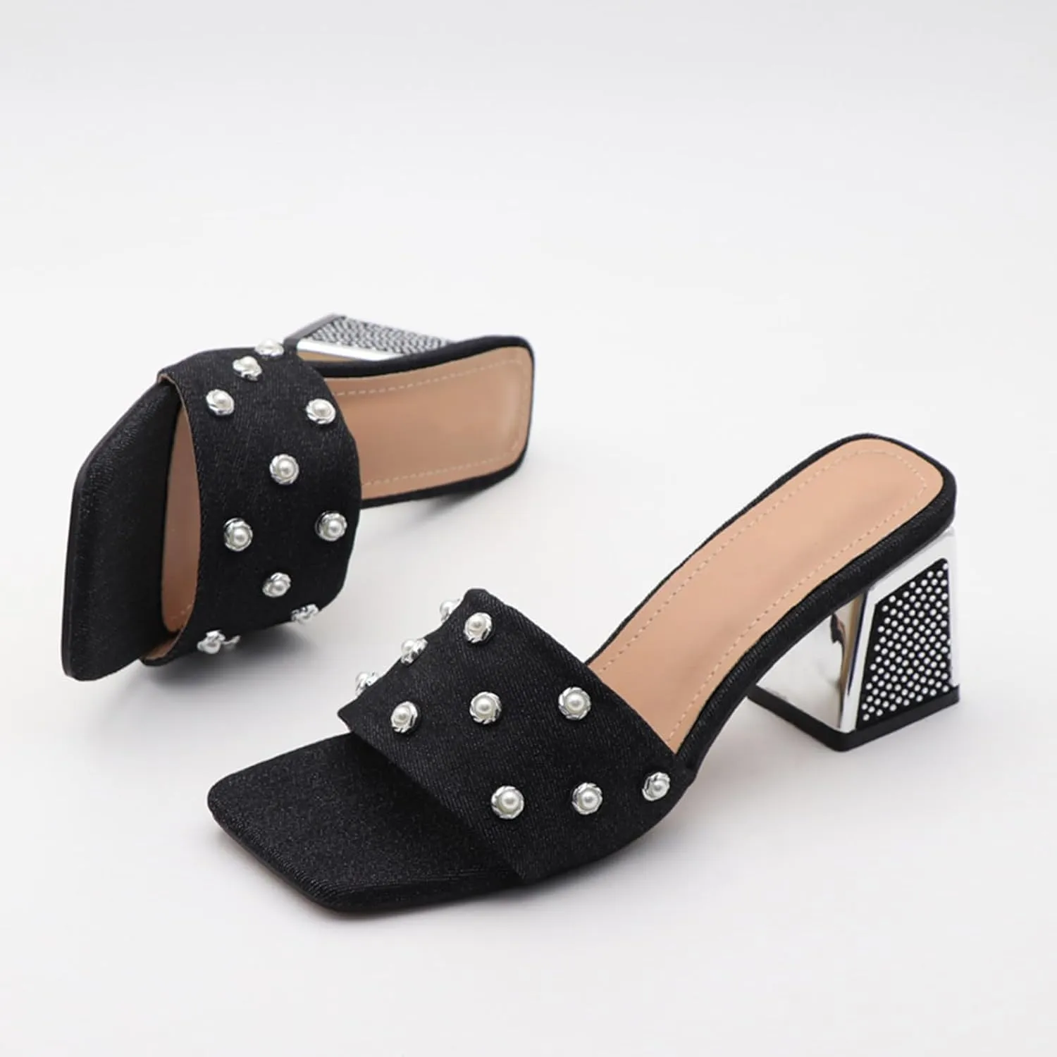 GXNNGEJ Women's Luxury Denim Low Block Heeled Slides Sandals with Pearl Decor Summer Square Open Toe Slip On Rhinestone Chunky Heel Slippers Dinner Party Dress Sandals