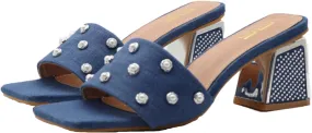 GXNNGEJ Women's Luxury Denim Low Block Heeled Slides Sandals with Pearl Decor Summer Square Open Toe Slip On Rhinestone Chunky Heel Slippers Dinner Party Dress Sandals