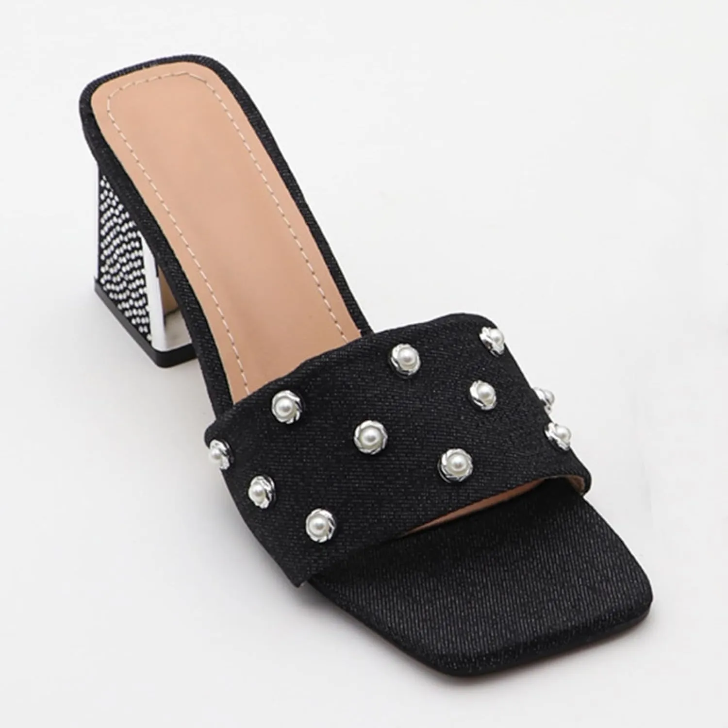 GXNNGEJ Women's Luxury Denim Low Block Heeled Slides Sandals with Pearl Decor Summer Square Open Toe Slip On Rhinestone Chunky Heel Slippers Dinner Party Dress Sandals