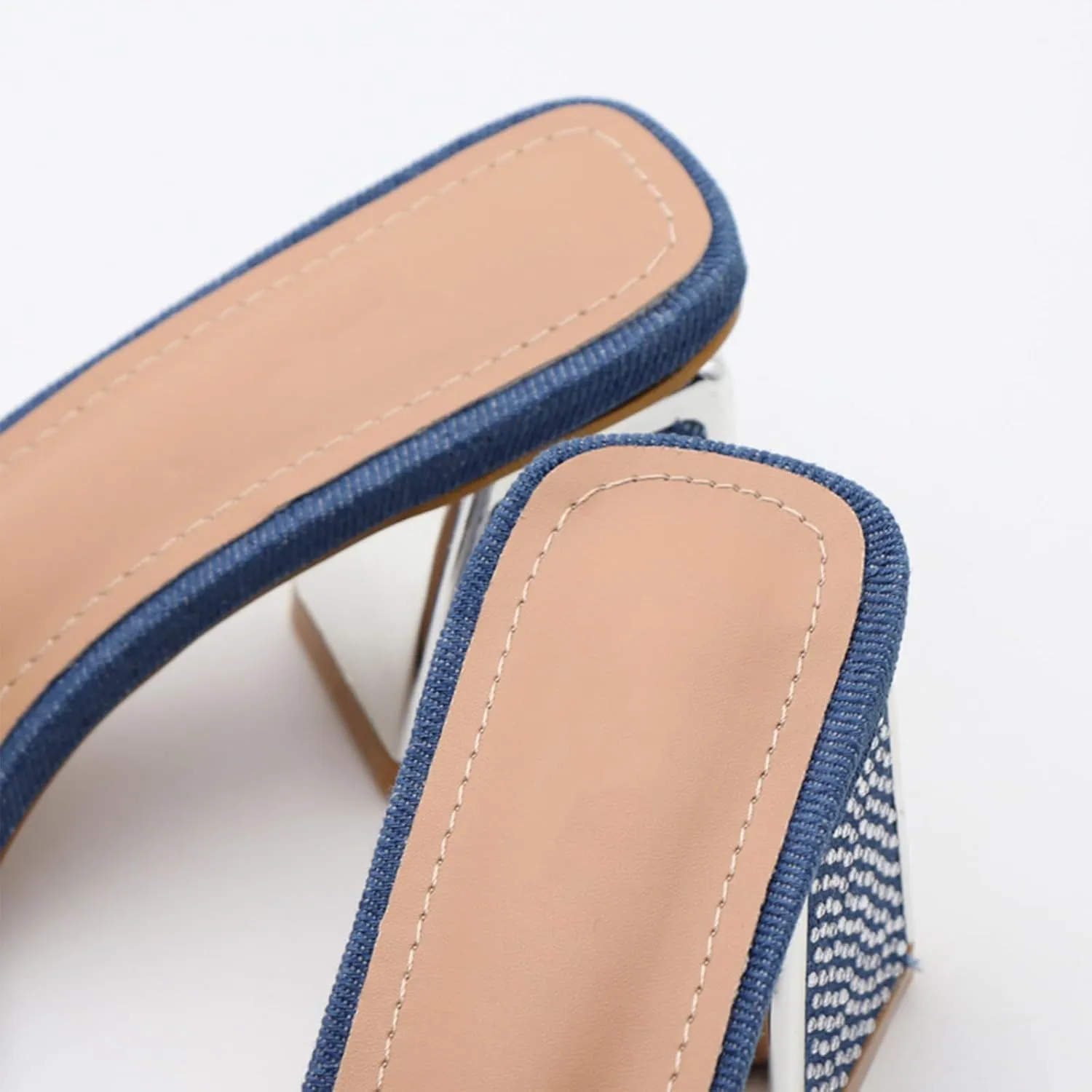 GXNNGEJ Women's Luxury Denim Low Block Heeled Slides Sandals with Pearl Decor Summer Square Open Toe Slip On Rhinestone Chunky Heel Slippers Dinner Party Dress Sandals