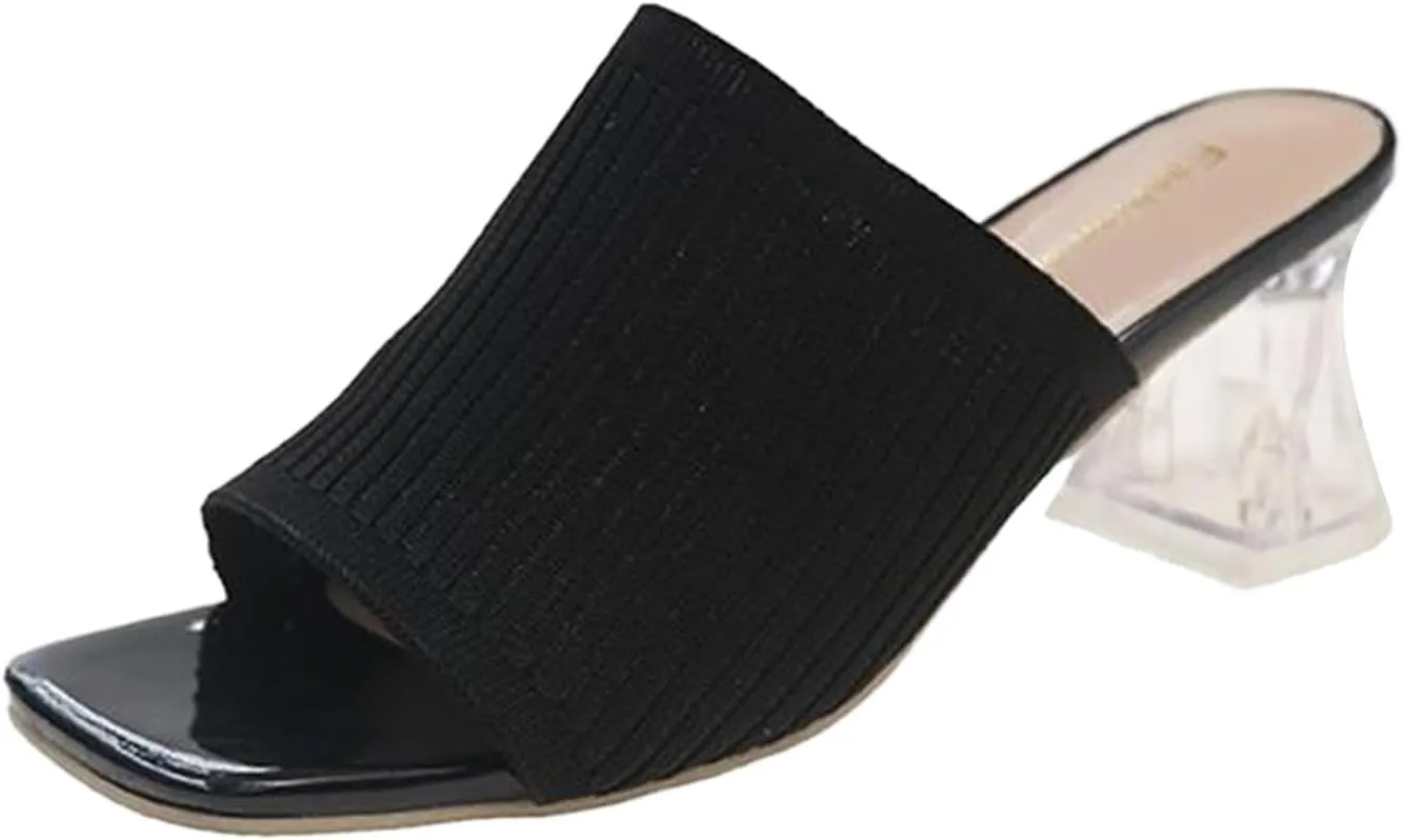 Heeled Mules for Women Square Toe Slip On Slides Chunky Block Pumps Knit Mules Summer Heels for Work Office