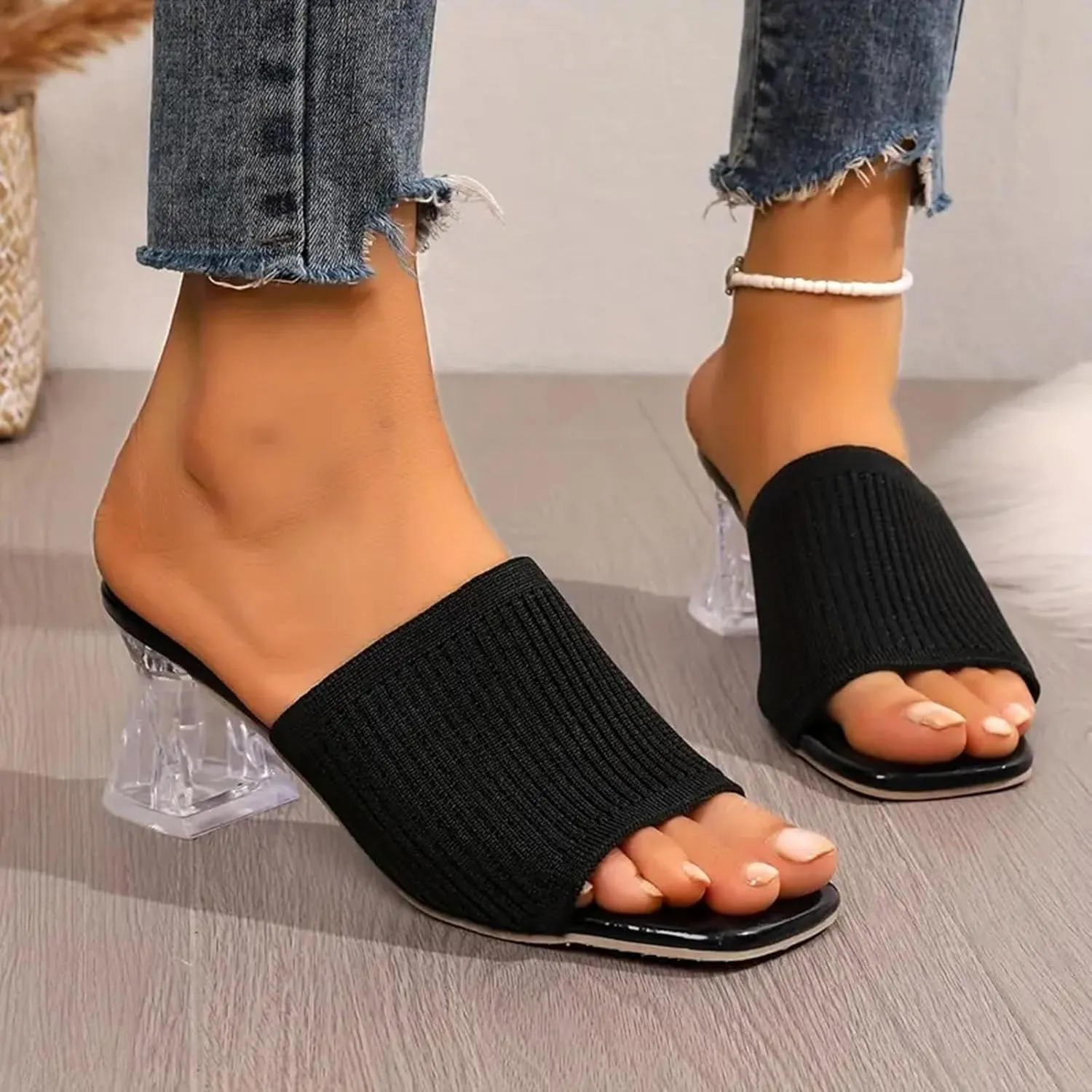 Heeled Mules for Women Square Toe Slip On Slides Chunky Block Pumps Knit Mules Summer Heels for Work Office